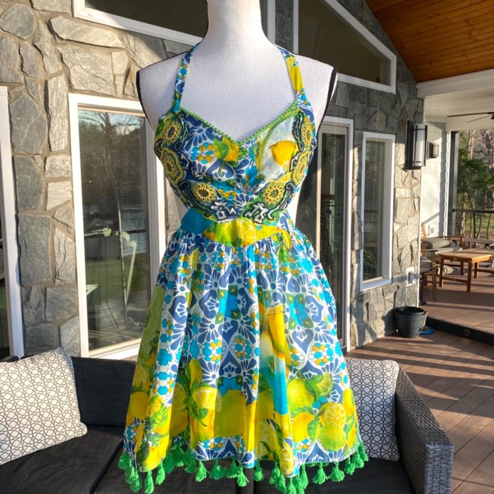 💕Antica Sartoria Muli Colored, Floral Backless Dress, w/ Tassels & Sequins. 💕